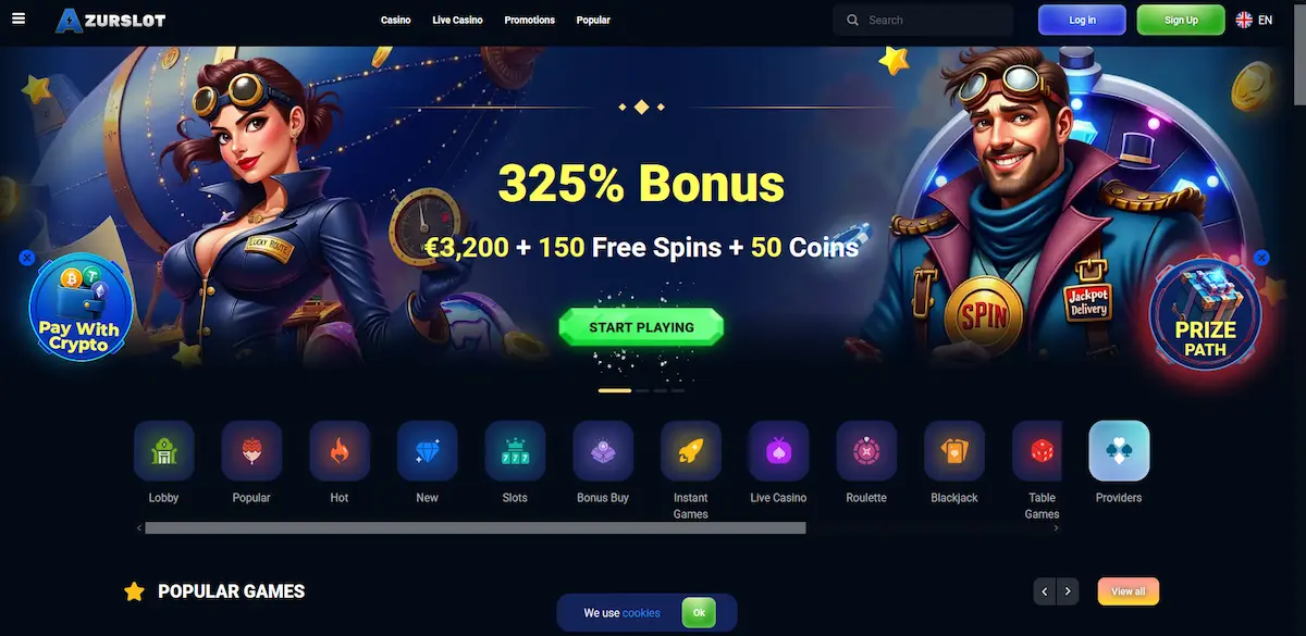 Herní lobby Azurslot Casino s přehledem výherních automatů a kategoriemi her
